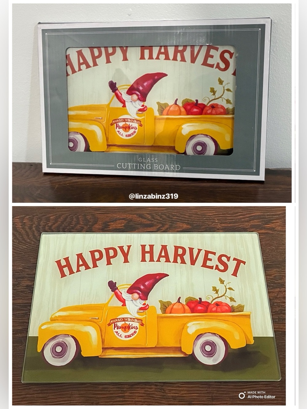 BNIB- Happy Harvest- Farm Truck w/ Pumpkins & Gnome Glass Cutting Board 8x12